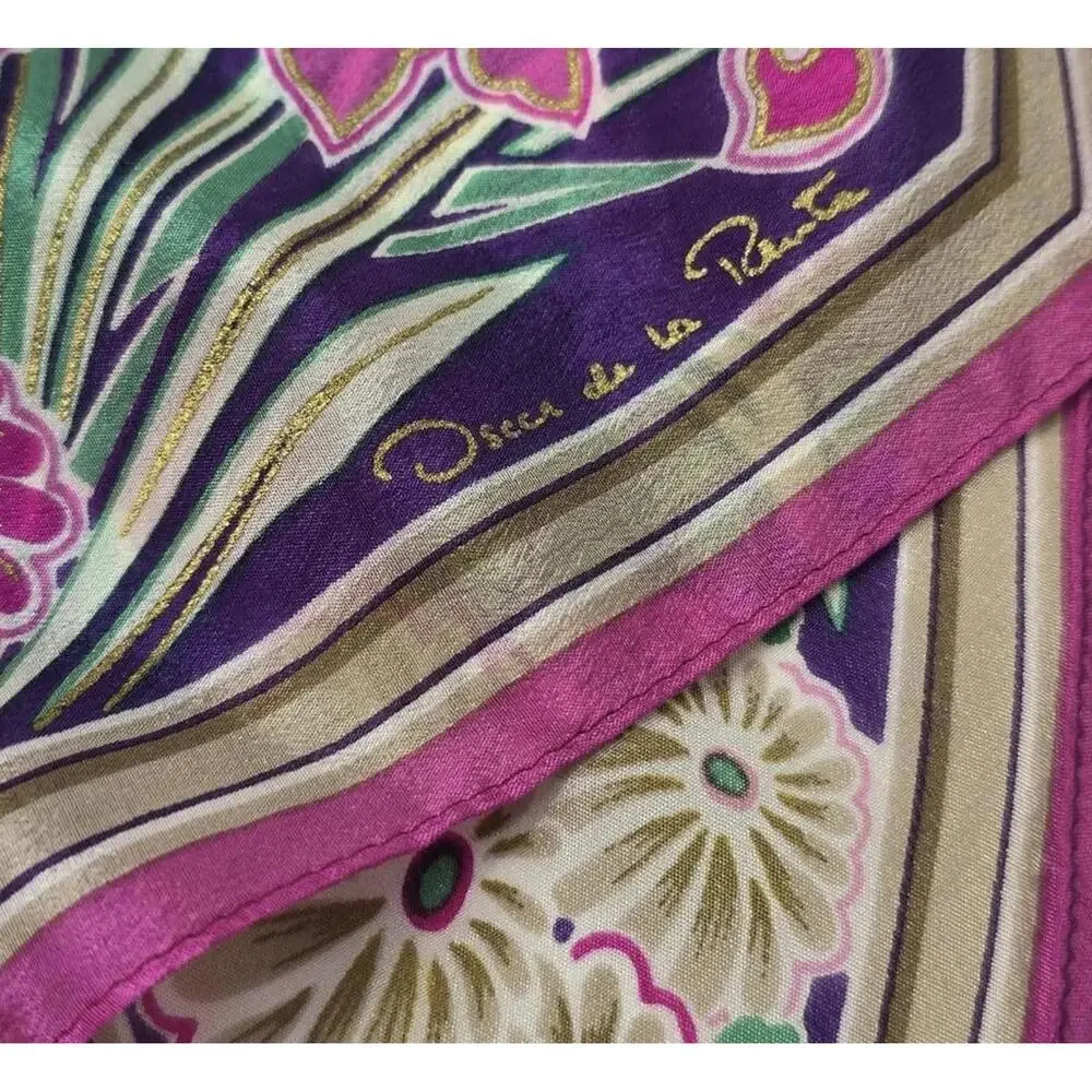 Vintage Floral with Metallic printing Silk Scarf‎ by Osca de la Renta